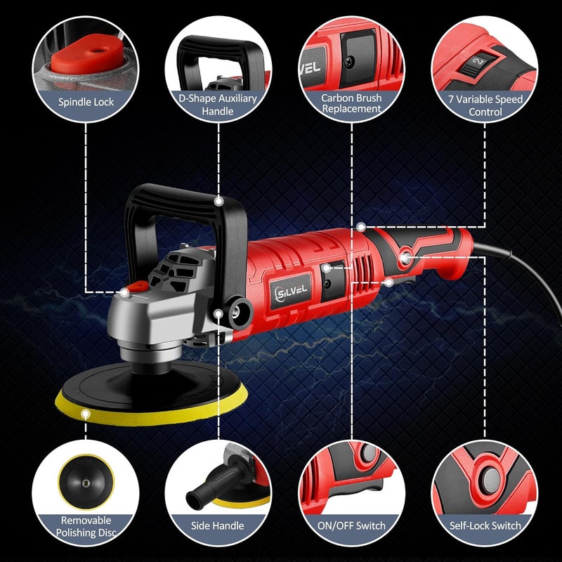 SILVEL Buffer Polisher, 1600W 7 Inch/6 Inch Polisher for Car Detailing, Wax Machine, 7 Variable Speed, with 6 Foam Pads, 3 Wool Pads, Packaging Bag, for Boat Polishing and Waxing - Image 2